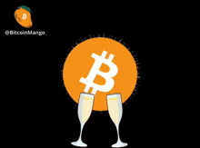 two champagne glasses are toasting in front of a bitcoin logo