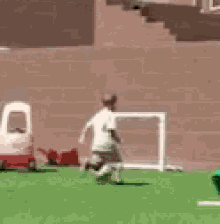 a person is playing soccer on a soccer field with a green rocking horse .
