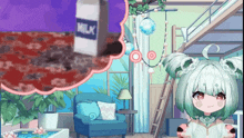 a girl with white hair is standing in a living room with a milk carton in the background