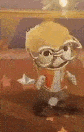 a cartoon character wearing glasses and holding a paper boat is dancing .