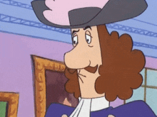 a cartoon man with curly hair and a hat is standing in front of a painting in a room .