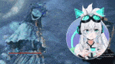 a statue of a woman with a smiley face and a girl with headphones and goggles