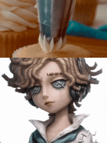 a close up of a person 's face next to a picture of a cupcake