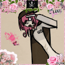 a drawing of a girl with pink hair is surrounded by pink roses and a picmix logo