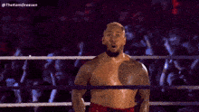 a shirtless wrestler stands in a ring with his arms outstretched and the hashtag thekamdreesen on the bottom right