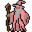 a pixel art of a wizard in a pink robe holding a cane