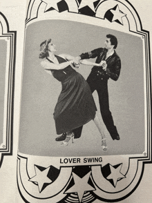 a black and white photo of a man and a woman dancing with the word lover swing below them