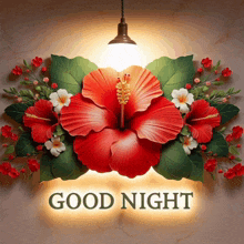 a sign that says good night with flowers and leaves on it