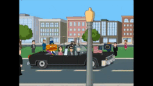 a cartoon of a man in a top hat driving a car with a hamburger on the back