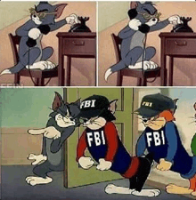 a cartoon of tom and jerry talking on a telephone while wearing fbi uniforms .