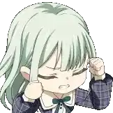 a cartoon girl with green hair is holding her fist to her forehead .
