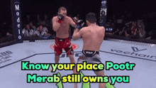 two men fighting in a boxing ring with the words know your place pootr merab still owns you