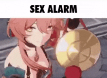 a girl with pink hair is holding a sword and a shield in her hands .