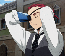 a man with red hair is wearing a white shirt and a gray vest and tie
