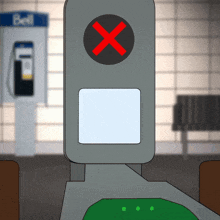 a cartoon drawing of a bell phone booth with a red cross on it