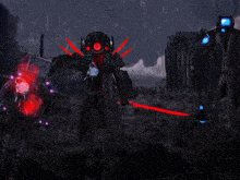 two robots are standing next to each other with one holding a sword