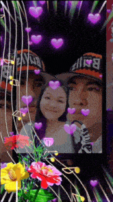 a man wearing a bulls hat is surrounded by purple hearts