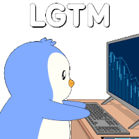 a cartoon of a penguin looking at a computer screen with lgtm written above it