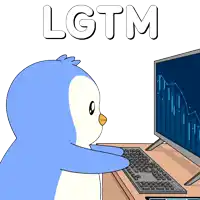 a cartoon of a penguin looking at a computer screen with lgtm written above it