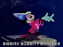 a cartoon of mickey mouse with the words bibbity bobbity boulder underneath him