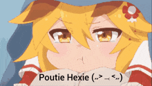a cartoon of a girl with poutie hexie written on it