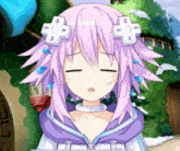 a purple haired anime character with a white cross on her head