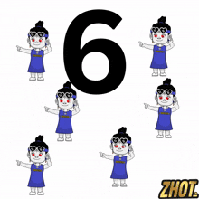 the number 6 is surrounded by a bunch of cartoon girls