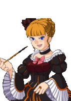 a pixel art drawing of a woman in a black dress