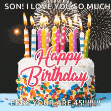 a happy birthday cake with candles and fireworks in the background