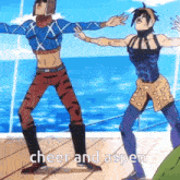 a couple of anime characters are dancing on a wooden deck with the words `` cheer and aspen '' written on the bottom .