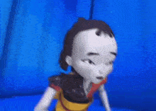 a cartoon character is standing in front of a blue curtain and holding something in his hands .