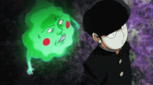 a cartoon of a boy standing next to a green monster that looks like a ghost
