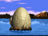 a giant egg is floating in the water with mountains in the background