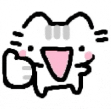 a black and white drawing of a cat with a pink mouth and ears .