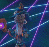 a cartoon character with a long beard is holding a cane in front of a neon background .