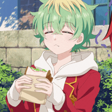 a green haired anime character eating a sandwich