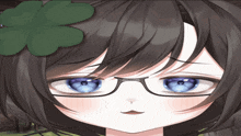 a close up of a girl with glasses and a clover in her hair