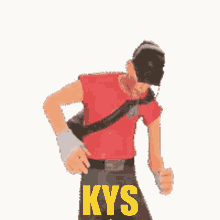a man in a red shirt and black hat is dancing with the word kys in yellow
