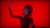 a girl with black hair is standing in front of a red wall