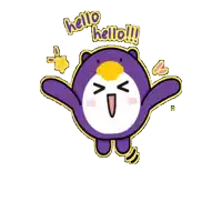 a purple penguin with a yellow beak is saying hello hello