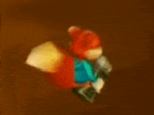 a cartoon squirrel is holding a gun and smiling while standing on a brown background .