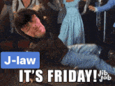 a man is laying on the floor with the words " it 's friday " on the bottom