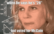 a woman is looking at a blackboard with math equations and says " when he says he 's " 28 "