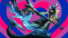 a mermaid holding a spear in front of a heart