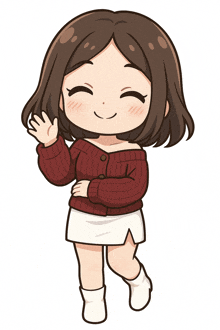 a cartoon of a girl wearing a red sweater and a white skirt