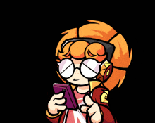 a cartoon character wearing glasses and headphones is holding a cell phone
