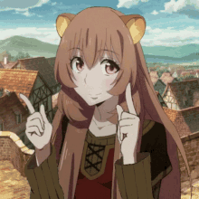 a girl with long hair and a bear ear is pointing up