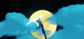 a person is standing in front of a full moon with a sword in their hand