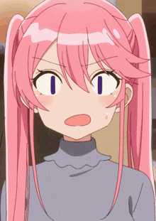 a girl with pink hair is wearing a grey turtleneck and making a surprised face