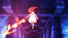 a girl in a white dress is flying through the air holding a sword with a mbs logo behind her